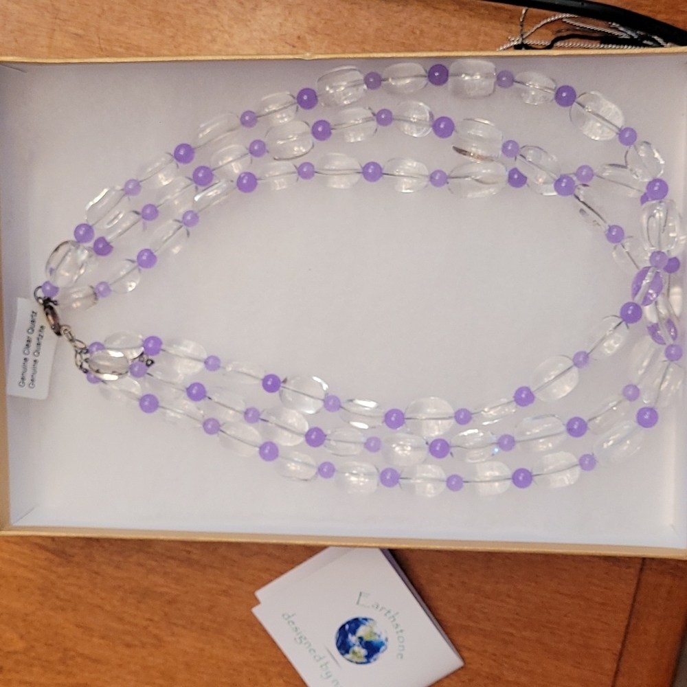 Brand New EarthStone Quartz Bead Necklace Quartzite Purple Clear 3 S…